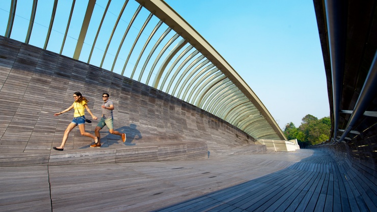 ครอบครัวพากันมาเดินเที่ยวช่วงกลางวันบนสะพาน Henderson Waves โดยมีแฟลต HBD ของสิงคโปร์เป็นฉากหลัง 