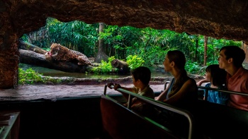 หญิงสาว 2 คนล่องเรือผ่านที่อยู่ของนกฟลามิงโกใน River Wonders 