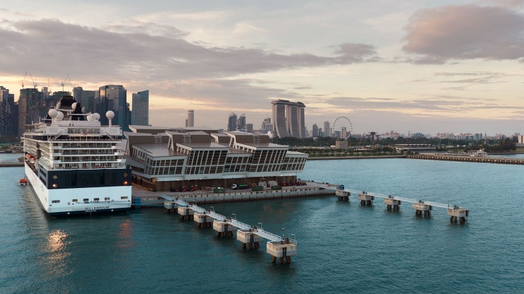 Aerial view of Marina Bay Cruise Centre Singapore against the Singapore skyline